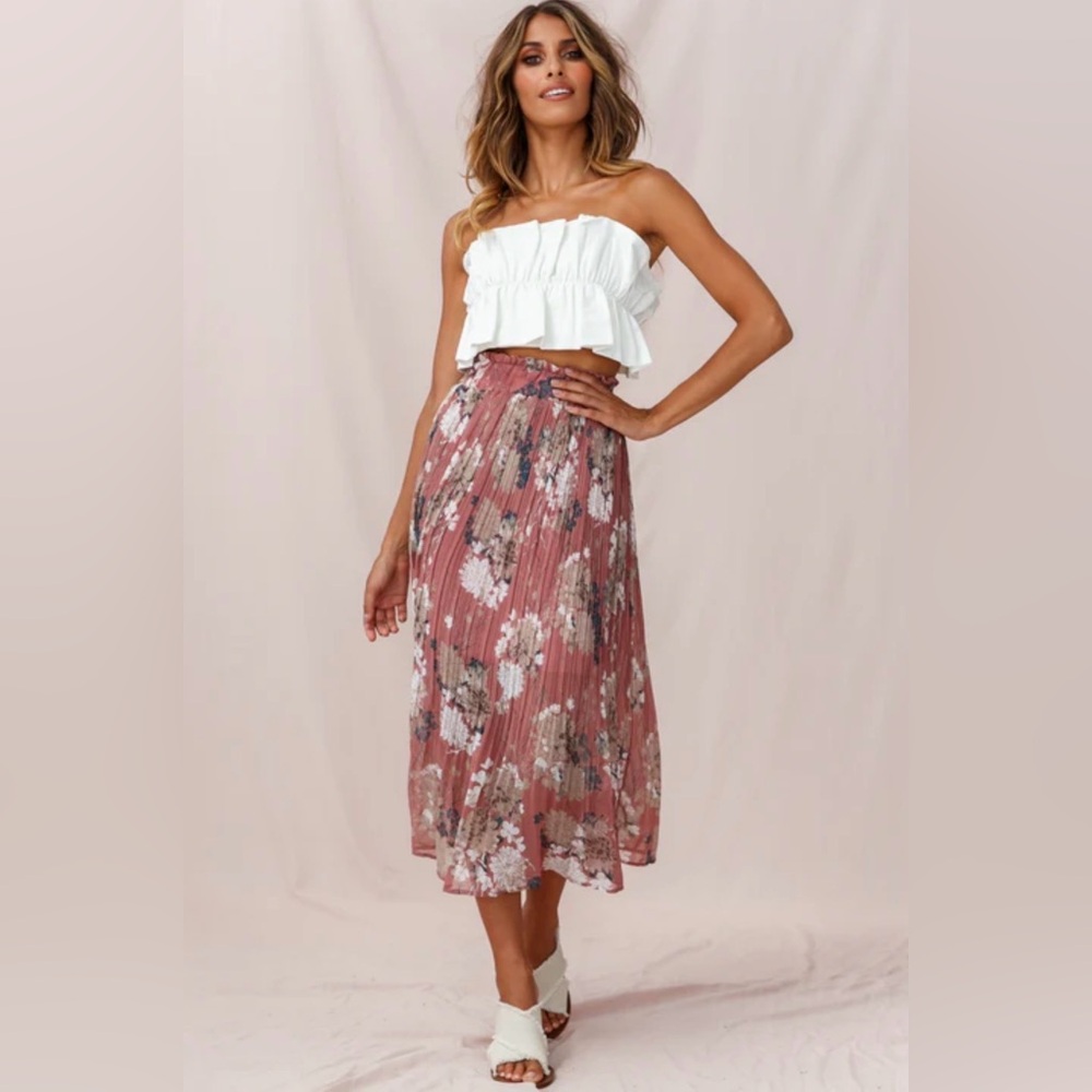 Selfie Leslie Floral Accordion Pleated Midi Skirt - Mauve Size:Medium